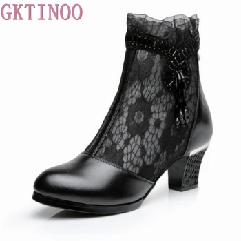 

GKTINOO Big Size Summer Ankle Boots Square Toe Genuine Leather Shoe Tassel Zipper Footwear Fashion High Heels Female Shoes