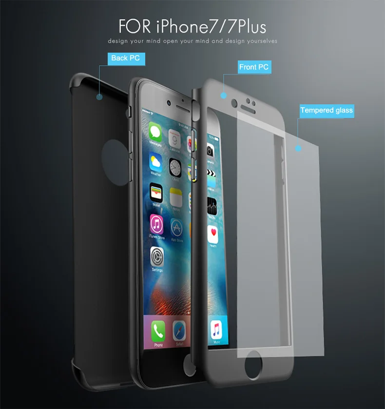 iphone 8 plus silicone case iPaky Full Body Cover Case For iPhone 7 360 Degree Hard PC Protective Shell For iPhone 7 Plus + Tempered Glass iphone 8 plus phone case
