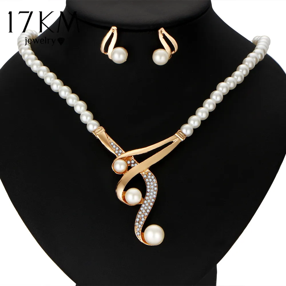 

17KM New Style Luxury Bridal Jewelry Set Crystal Beads Necklace Simulated Pearl Earrings Female Wedding Jewelry For Woman