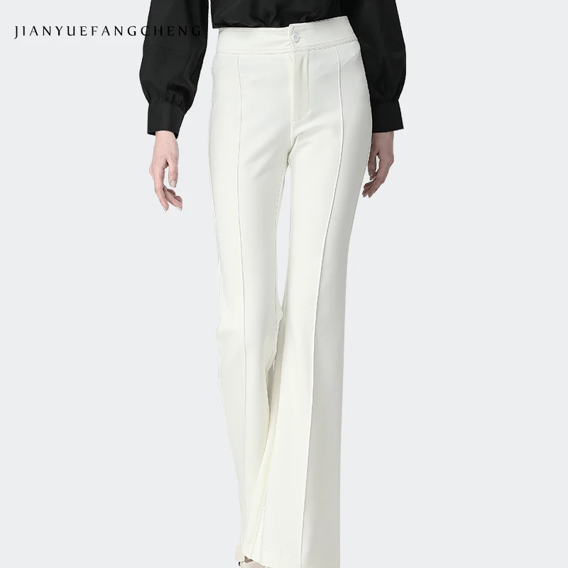

2019 Newest Mid Waisted Pleated White Boot Cut Women' Pants Regular Full Length Plus Size S-4XL Slim Woven Woman Trousers Pants