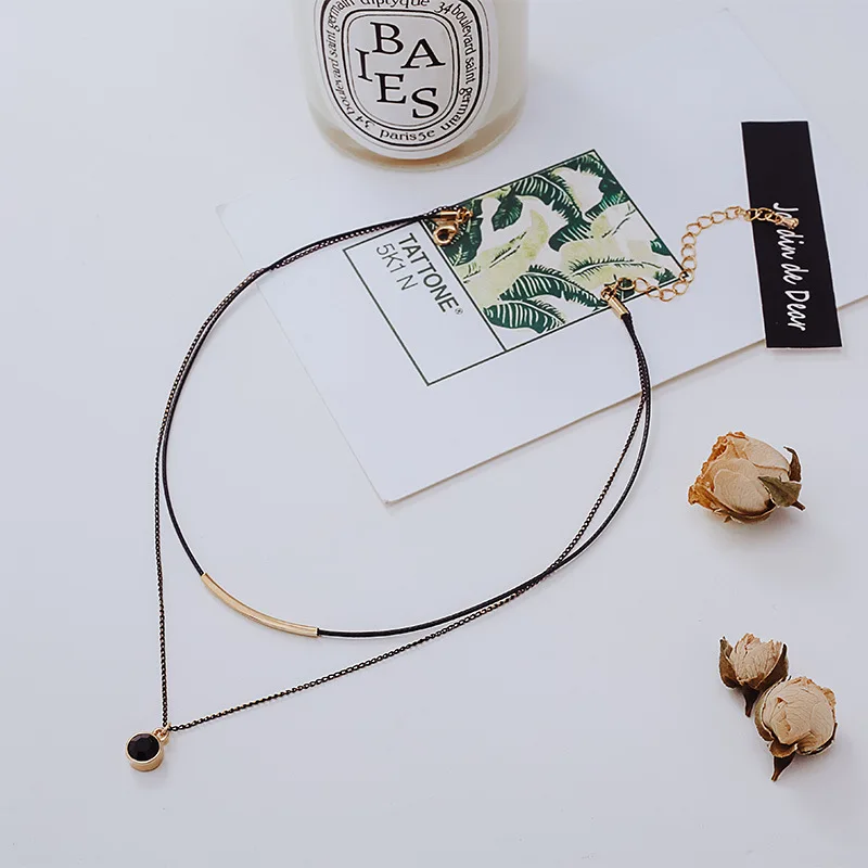 

Korean double crystal choker collar simple temperament short leather rope collar bone necklace plated with 18-karat gold jewelry