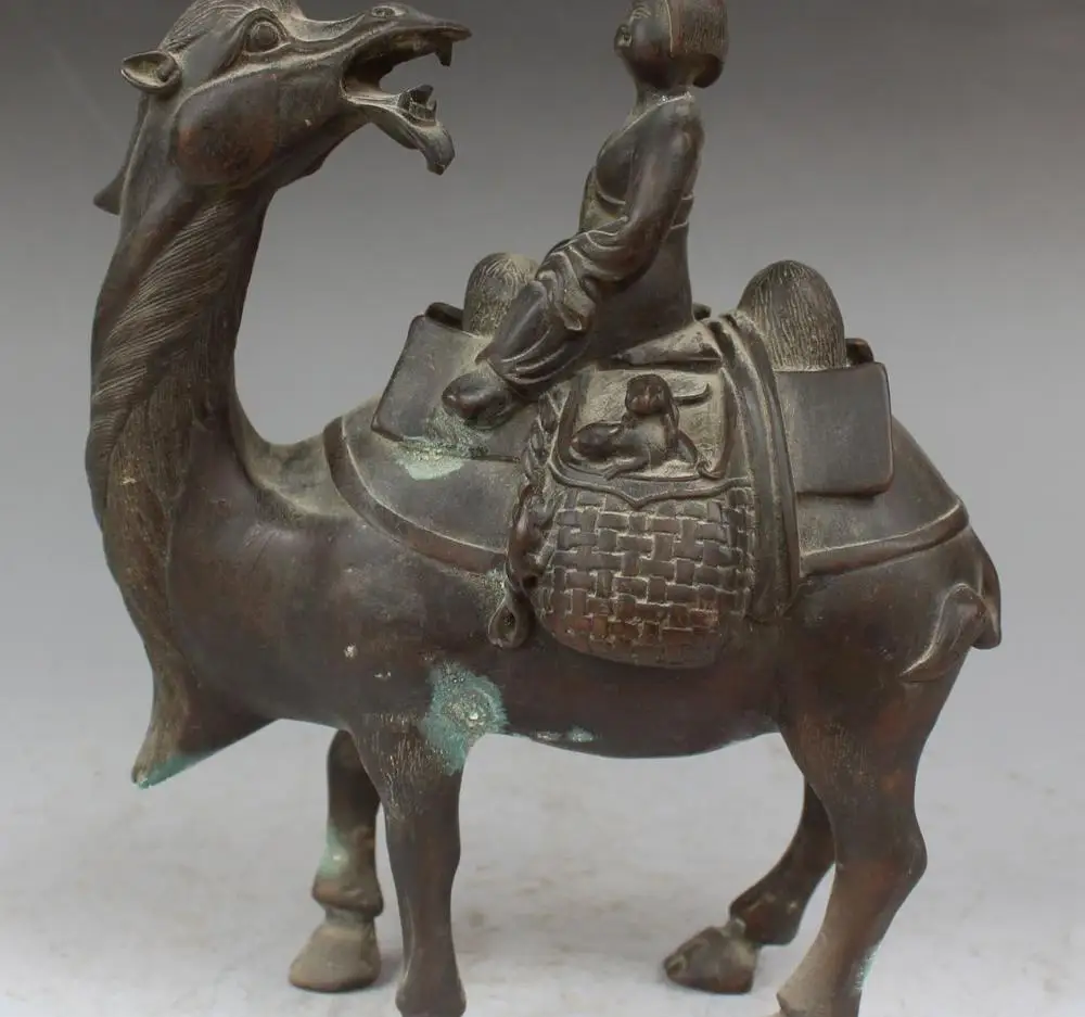 

FREE SHIPPING 9" collect China Fengshui Folk Bronze Belle Woman Ride Camel llama Animal Statue