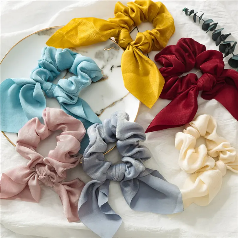

HZ 2019 Women New Simple Solid Color Bow Hair Ties for Girls Hair Scrunchies Ribbon Hair Rope Horsetail Ties Head Wrap