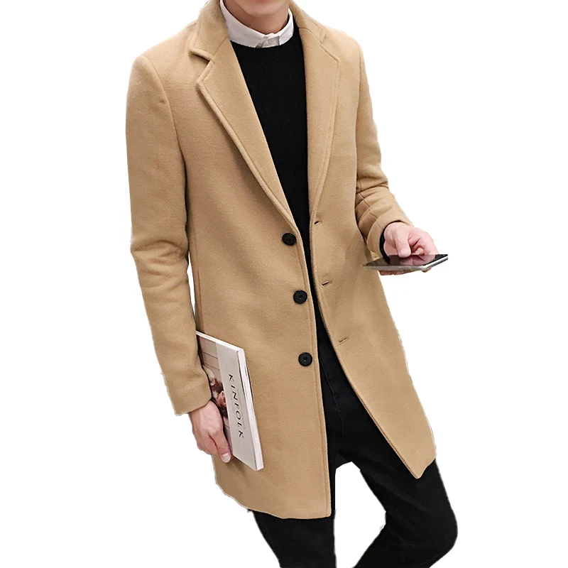  2019 New Fashion Fine Artificial Wool Cotton Leisure Long Trench Men Casual Slim Jackets Pure Color