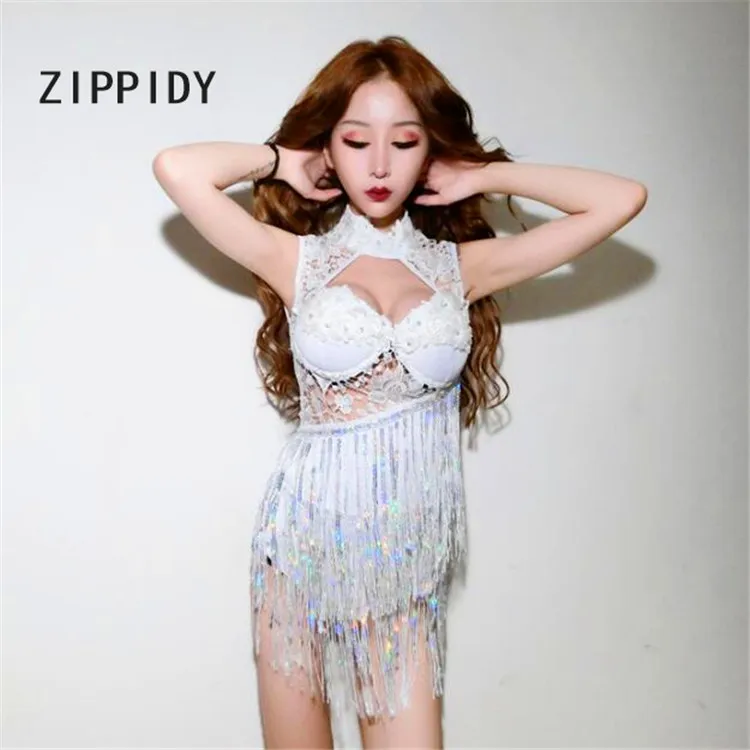 pic color bodysuit Модные серебряные блестки кисточкой Кружева Цветы женские сексуальные белые боди Ночной клуб Бар Дискотека Dj певица трико сценический Наряд Костюмы - Цвет: pic color bodysuit