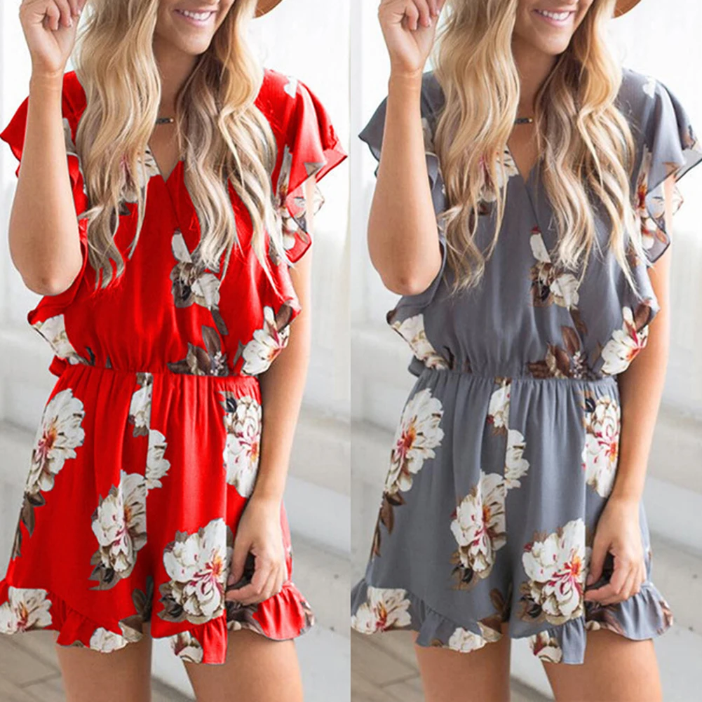 Summer Jumpsuit For Women Sexy Flower deep v neck Overalls casual ruffles sleeve Bandage Playsuits Combishort body Femme | Женская
