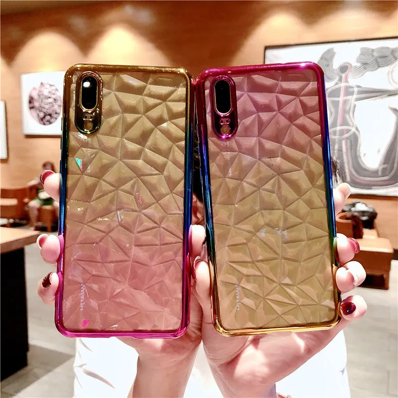 

Fashion Plating Gradient 3D Diamond Cover Solf Cases For Huawei P8 P9 P10 P20 Lite 2017 Plus Honor 7A 7C 9i P Smart Plus Coque