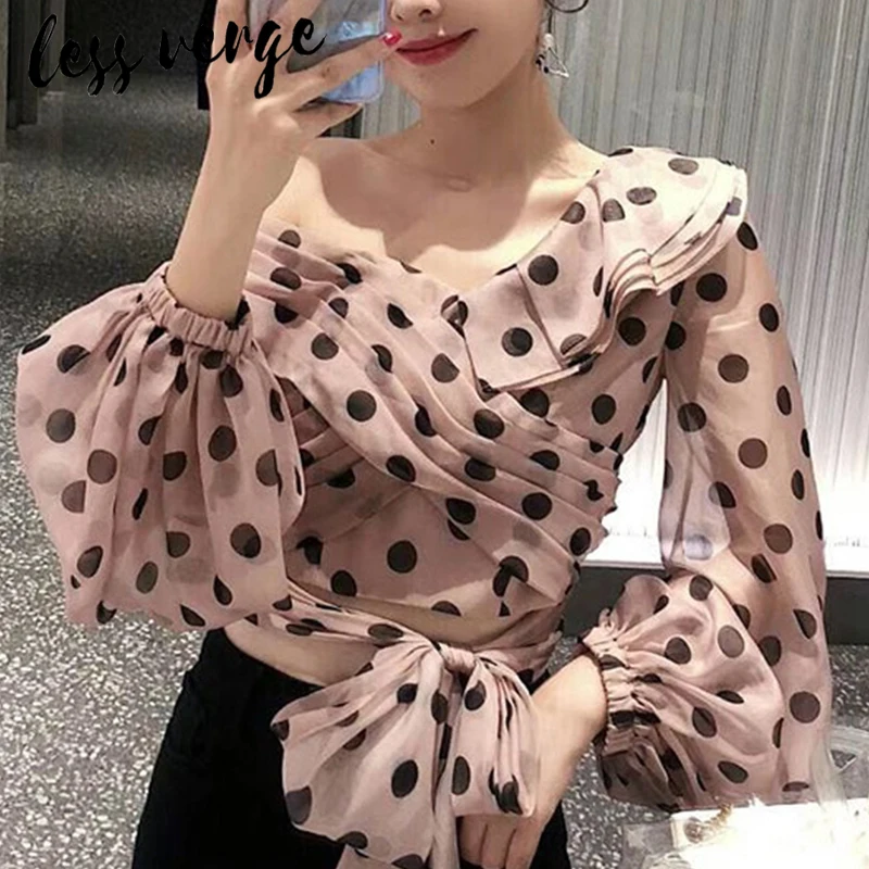 

lessverge Pink polka dot chiffon sashes blouse shirt Women lantern sleeve blouse tops Office lady crop top blusas fashion voile