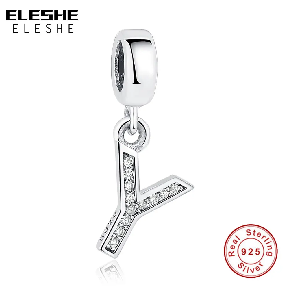 

ELESHE Authentic 925 Sterling Silver Vintage Y Clear CZ Alphabet Letter Crystal Beads Fit Original Charms Bracelets Necklace