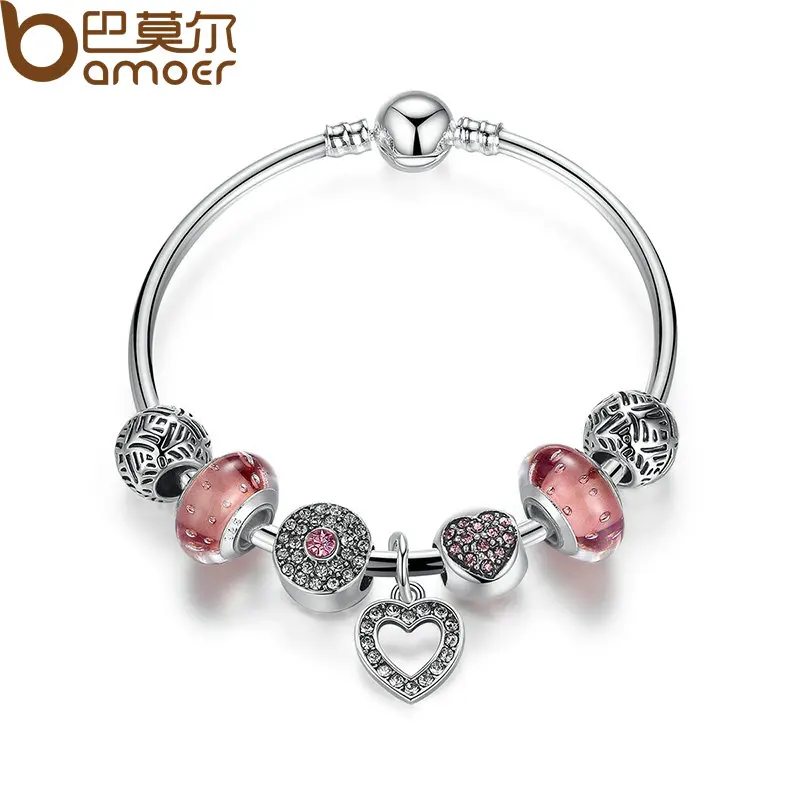 font b BAMOER b font Simple Friendship Bracelets Silver Plated Heart Pendant Bracelets with European