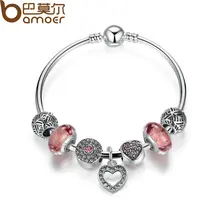 BAMOER Simple Friendship Bracelets Silver Plated Heart Pendant Bracelets with European Beads Girl Bracelet Jewelry PA3805