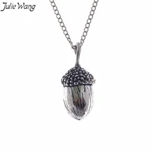 Julie Wang 1 ADET Antik Gümüş Renk 3D Canlı Meşe Palamudu Meşe Somun Kolye Kolye Moda Kadınlar Uzun Takı 80 cm metal Bağlantı Zinciri