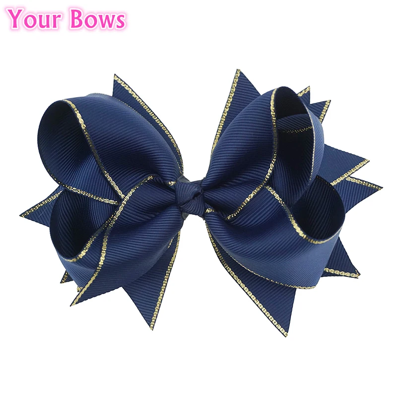 

Your Bows 1PC 5.5Inches Navy Children Baby Girls Hair Bows With 6cm Hair Clips Luxry Gold Ribbon Bows For Girls Hair Accessories