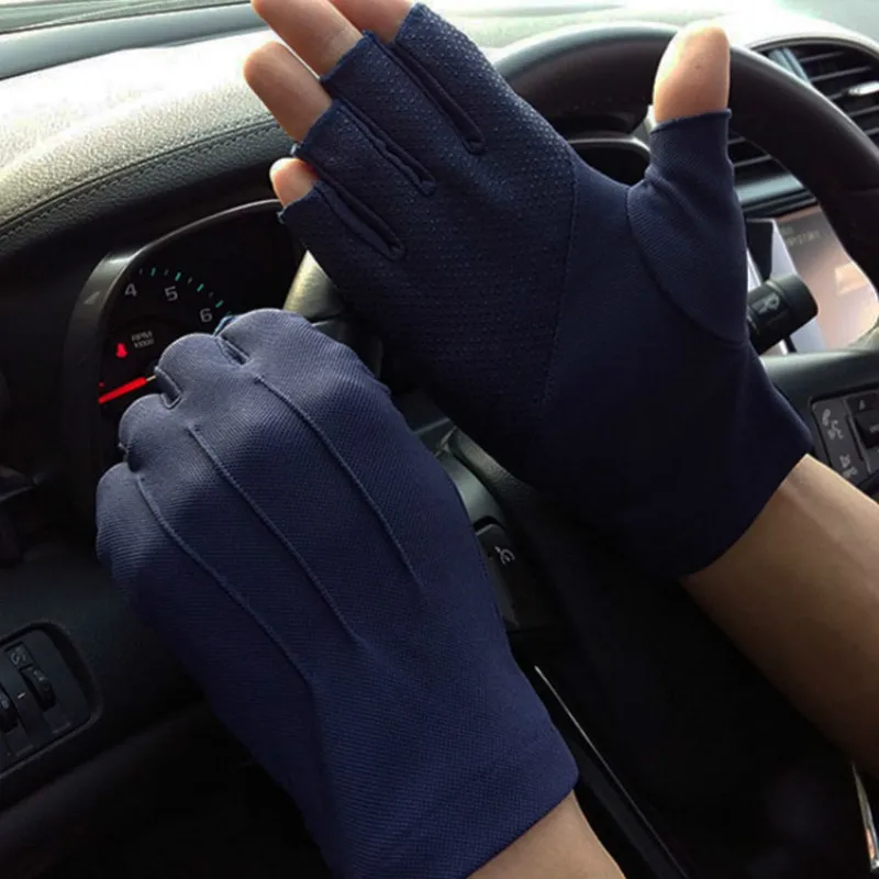 Men's Fingerless Anti-Slip Driving Gloves Women Sun Protection Gloves Summer Male Thin Breathable Anti-UV Cycling Working Gloves - Цвет: Navy Blue