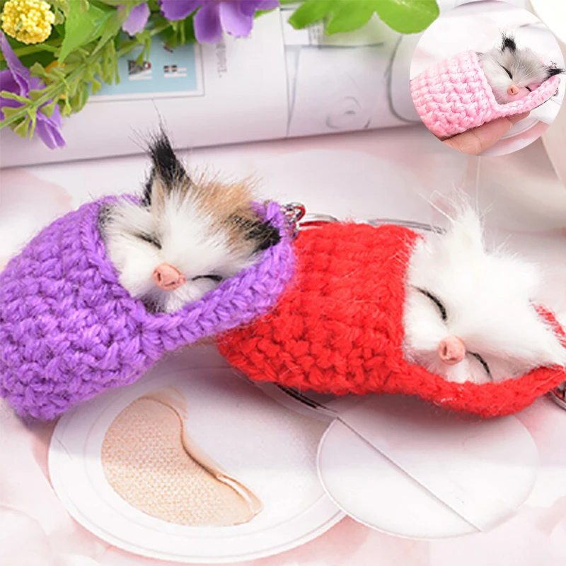 

Cute Sleeping Cat Pompom Keychains Keyring Women Key Chains Fluffy Car Key Rings