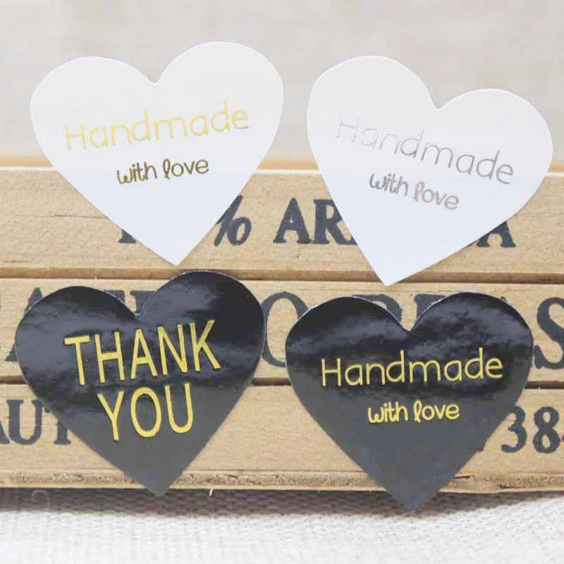 100pcs mulit paper gold/silver foil labels DIY handmade with love self adhesive labels heart shape thanks you gift labels 33*29m