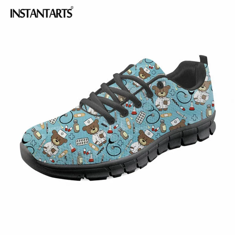 

INSTANTARTS Nurse Bear Print Sneakers High Quality Women Flats Shoes Casual Female Women's Lace Up Flat Ladies Mesh Shoes Woman