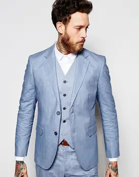 

2017 Light Blue Groom Tuxedos For Beach Wedding 3 Piece Mens Prom Dinner Suits Best Man Suit Casual Blazer (Jacket+Pants+Vest)