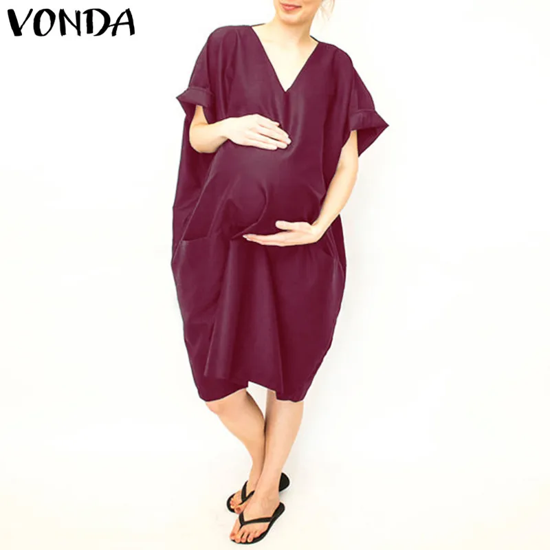 

VONDA Maternity Clothes 2019 Summer Pregnant Women Batwing Sleeve V Neck Casual Loose Dresses Solid Pockets Vestidos Plus Size