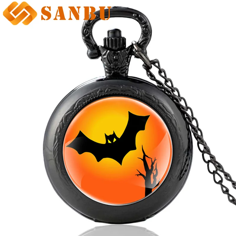 Классический Хэллоуин Bat черный кварцевые карманные часы Винтаж Для мужчин Для женщин кулон ожерелье Подарки