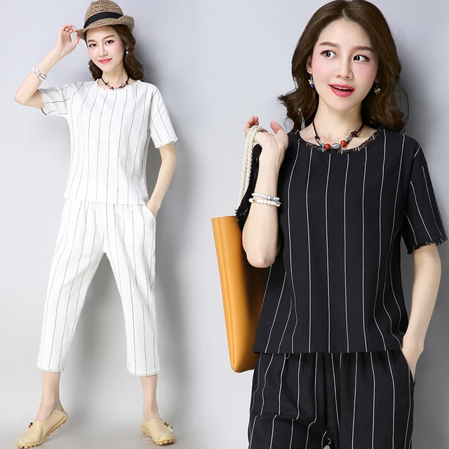 Best Offers 2018 Women's new temperament fashion wild striped short-sleeved clothes + casual elegant loose pants trend two-piece suit