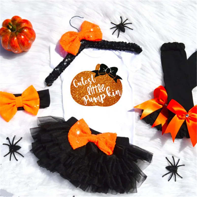 

4 PCS Newborn Baby Clothes Halloween Pumpkin Romper+Tutu+Headband+Leg Warmer Outfits Long Sleeve Infant Children Clothing D1029