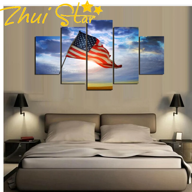 

Full drill 5p brand design 5 pieces of American flag flying under blue sky Mural art Diamond picture 5Ddiy modern home wall de