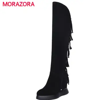 

MORAZORA 2018 new autumn winter over the knee cow suede leather boots round toe super high heel boots wedges zipper women boots