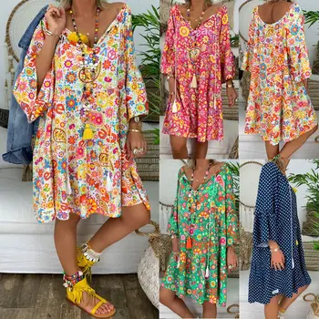 Summer Women Boho Floral Long Sleeve Dress Holiday Beach Shirt Dress Ladies Print Mini Dress Plus Size S-5XL stylish floral print mini cami dress for women