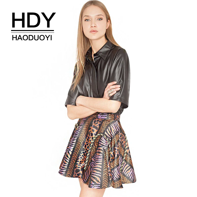 

HDY Haoduoyi Solid Black Fashion PU Shirt Women Half Sleeve Turn-down Collar Female Cardigans Casual Loose Blouse For Wholesale