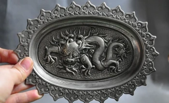 

Free shipping Collect old china tibet silver carved zodiac fly dragon beast statue Plate disk