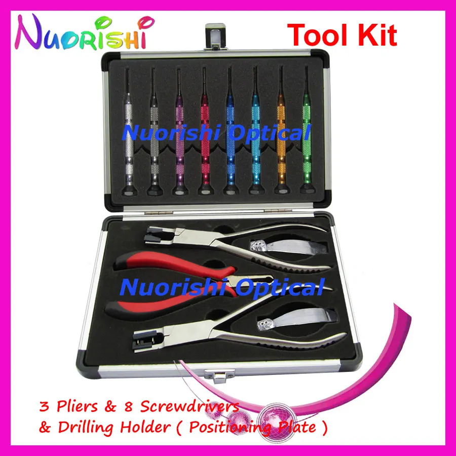 

Professional Glasses Rimless Frames Repairing Tool With Drilling Holder 3 Pliers 8 Screwdrivers Kit Set PL073AP