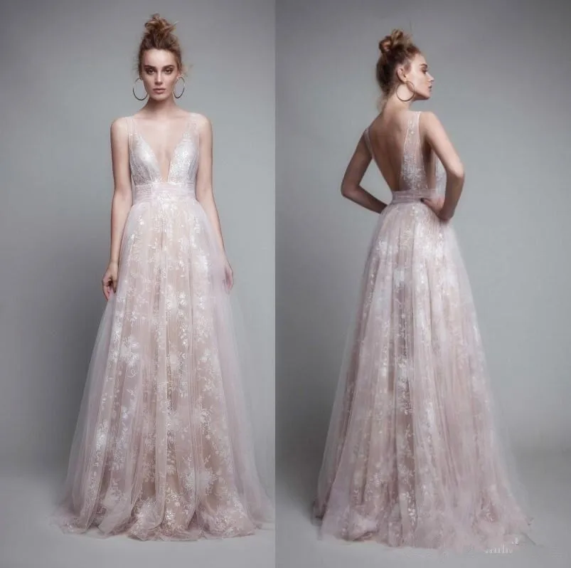 

Newest Lace Backless 2019 Beach Prom Dresses V Neck Tulle Ivory Nude Sexy Prom Dresses платье на выпускной