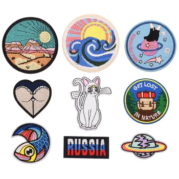 

Russia Round Planets Cat Fish Parches Saturn Iron On Patches For Clothing Patchwork Embroidered Appliques Garment Stickers Badg