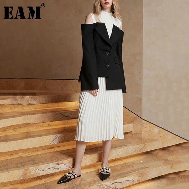 

[EAM] 2019 New Autumn Winter Off Shouler Long Sleeve Hit Color Pleated Loose Half-body Skirt Two Piece Suit Women Fashion JR255
