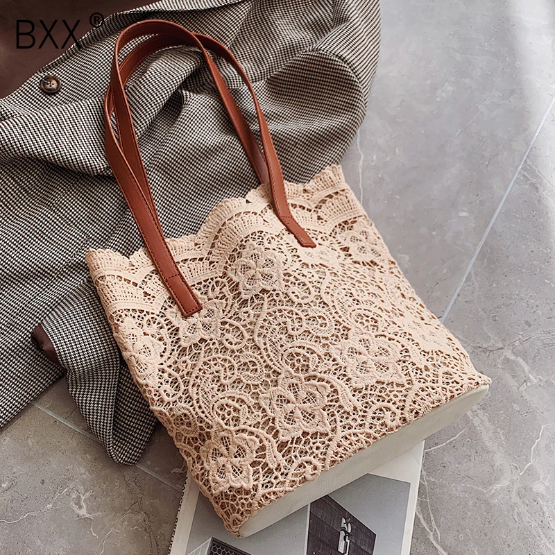 

[BXX] 2019 New Arrival Women's Lace Double Handles Large Capacity Bucket Bag Female Single Shoulder Bag All Match Handbag LM765