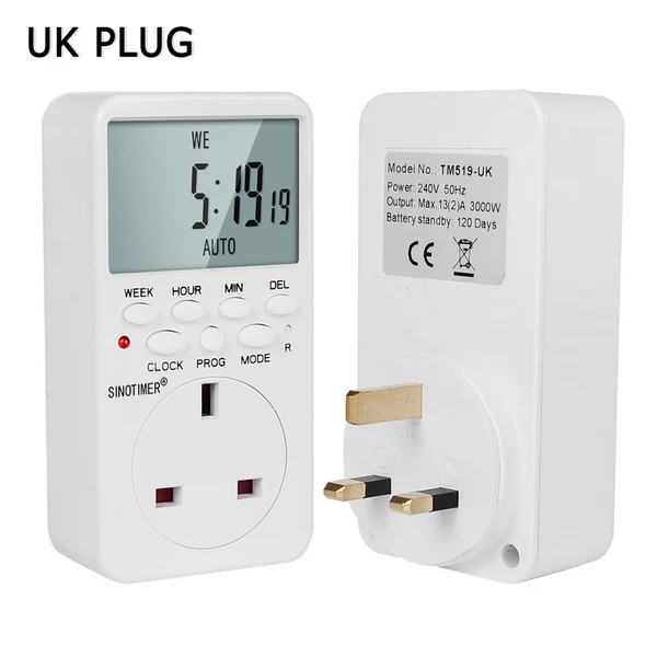 EU Plug Outlet Electronic Digital Timer Socket with Timer 220V AC Socket Timer Plug Time Relay Switch Control Programmable - Color: UK Type