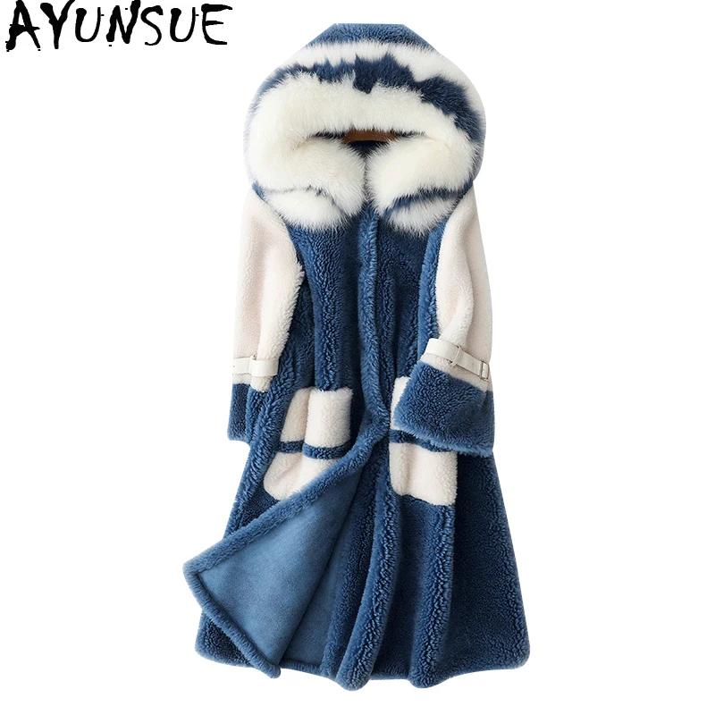 

AYUNSUE Real Wool Coats With Natural Fox Fur Collar Hooded Sheep Shearing Jacket Long Winter Jackets Women's Fur Coat YS896009