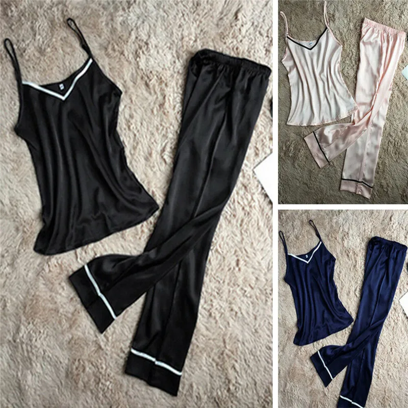 Женский Шелковый пижамный комплект, одежда для сна, с v-образным вырезом, без рукавов, топ и длинные штаны, наборы