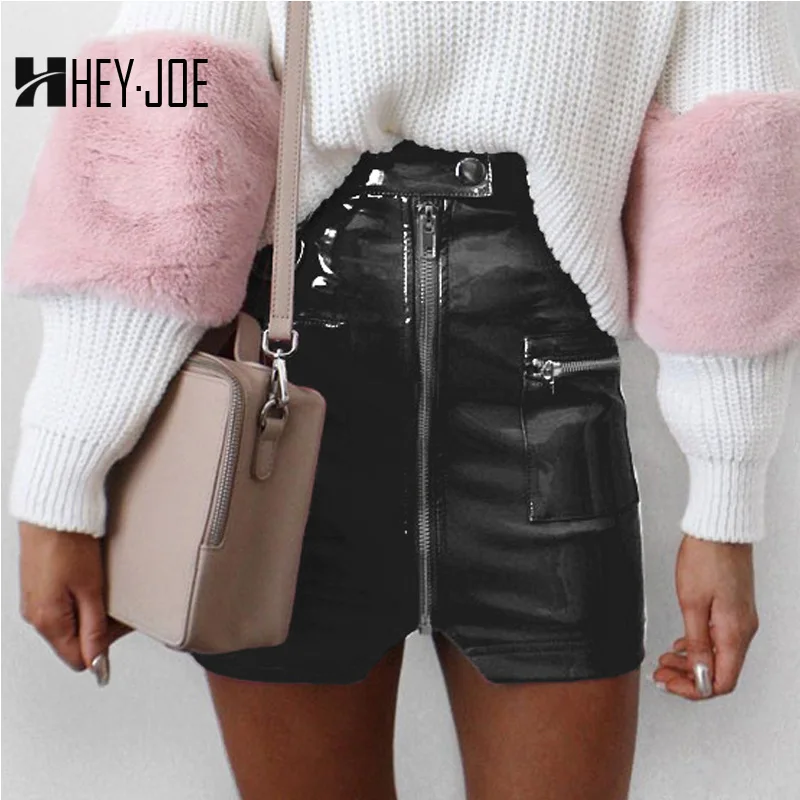 HEYJOE/Новые модные женские юбки из искусственной кожи на молнии с карманами