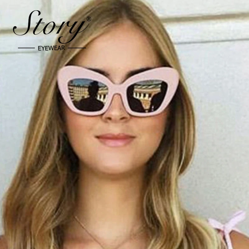 

STORY 2018 Butterfly Frame Cat Eye Sunglasses Women Fashion Cateye Sun Glasses Big Frame Black Glasses Pink Black Shades oculos