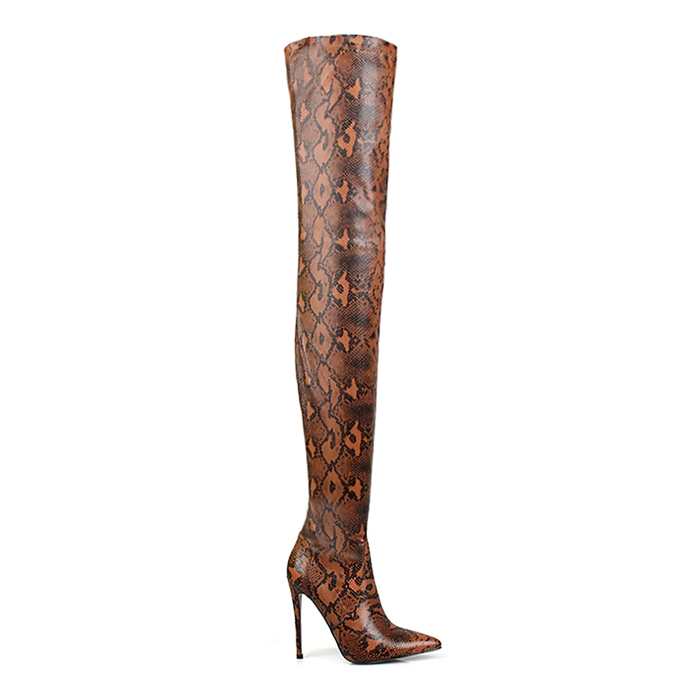 Модные женские ботфорты выше колена; высокие сапоги на очень высоком тонком каблуке с острым носком из змеиной кожи; Bottine; зимняя женская обувь - Color: Brown