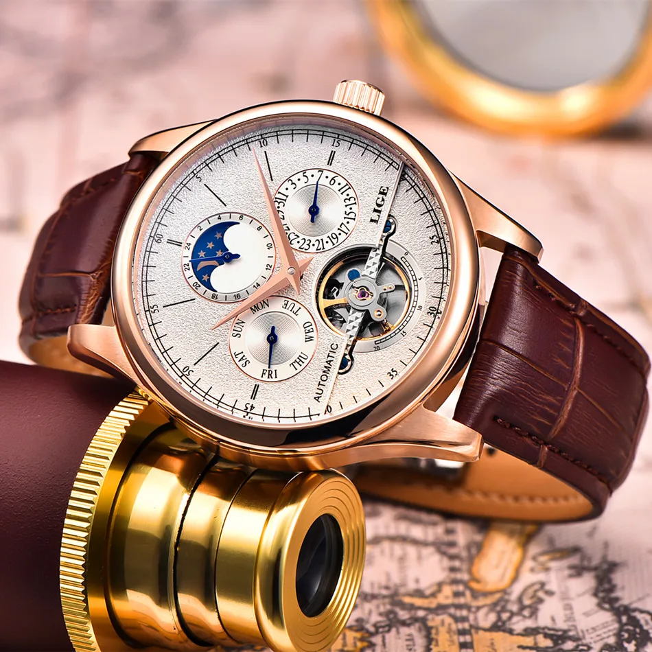 LIGE Brand Men's Watches Six-pin Moon phases Automatic Watch Men Dive 50M Fashion Casual Leather Wristwatches relogio masculino