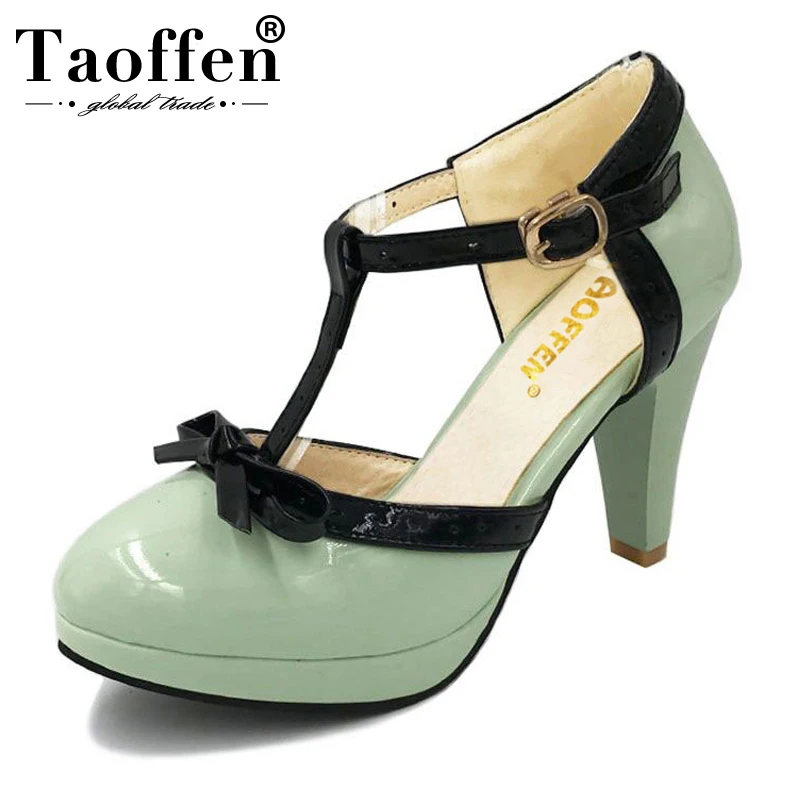 melhor Tamanho 32 48 TAOFFEN Mulheres de Salto Alto Sapatos Sandálias Plataforma das Mulheres do Salto Sandálias de Dedo Do Pé Redondo Preto Do Casamento da curva lady partido Calçados