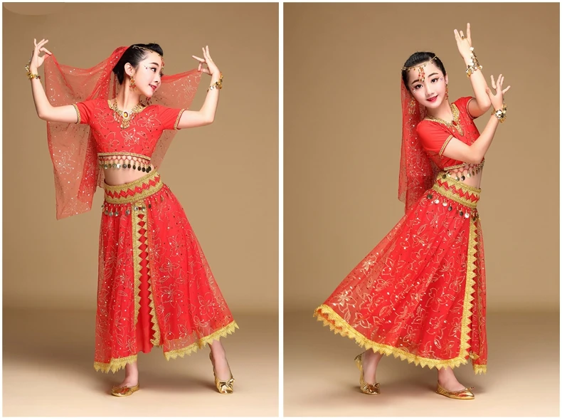 Детская одежда для индийского беллиданса, костюм Болливуд Танцы профессиональное снаряжение для танца живота костюмы 5 предметов индийская Одежда для танцев