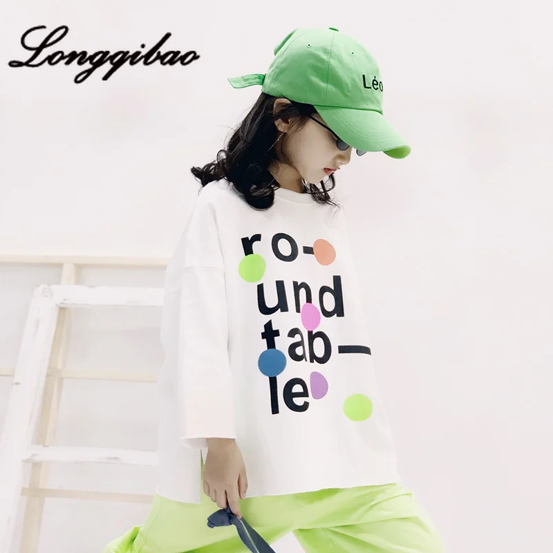 

Baby girl T-shirt 2019 autumn new Korean version of children's foreign color dot letter printing loose wild long-sleeved shirt