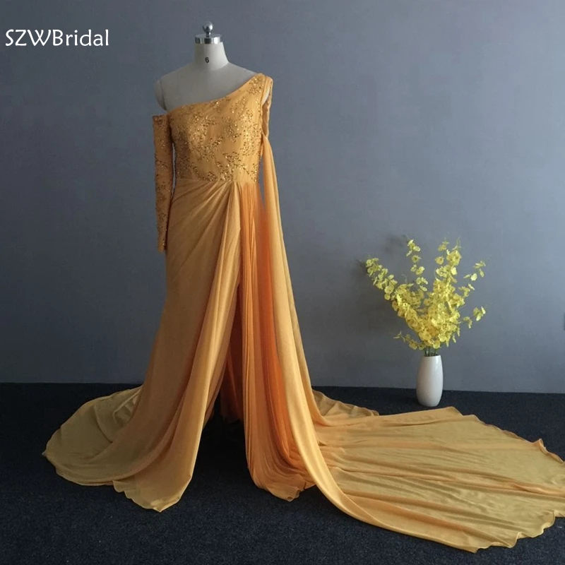 

New Arrival Chiffon One shoulder Long sleeve evening dresses 2020 Lace Beaded Muslim evening dress slit Sexy evening gowns