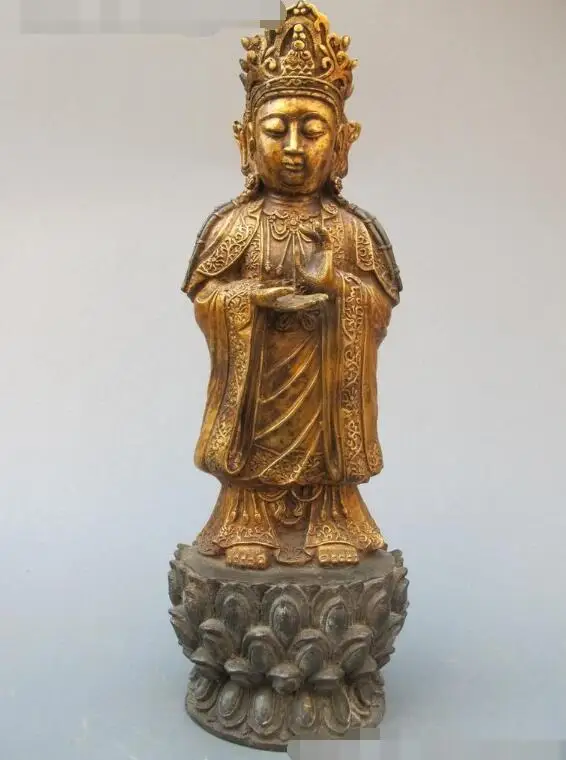 

S06934 17"Tibet Buddhism Fane old Bronze stand on pedestal Guan yin Statue