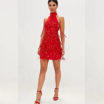 

2019 Elegant Red Black Sleeveless Halter Good Quality Backless Sequins Dress Tassels Chic Summer Vestidos Mini Clubwear Sexy