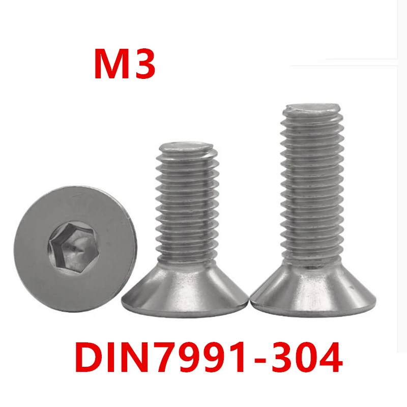

100pcs M3*4/5/6/8/10/12/16/20/25/30mm Screws SUS304 DIN7991 Flat Head Drive Hexagon Socket Cap Screw Countersunk Bolts